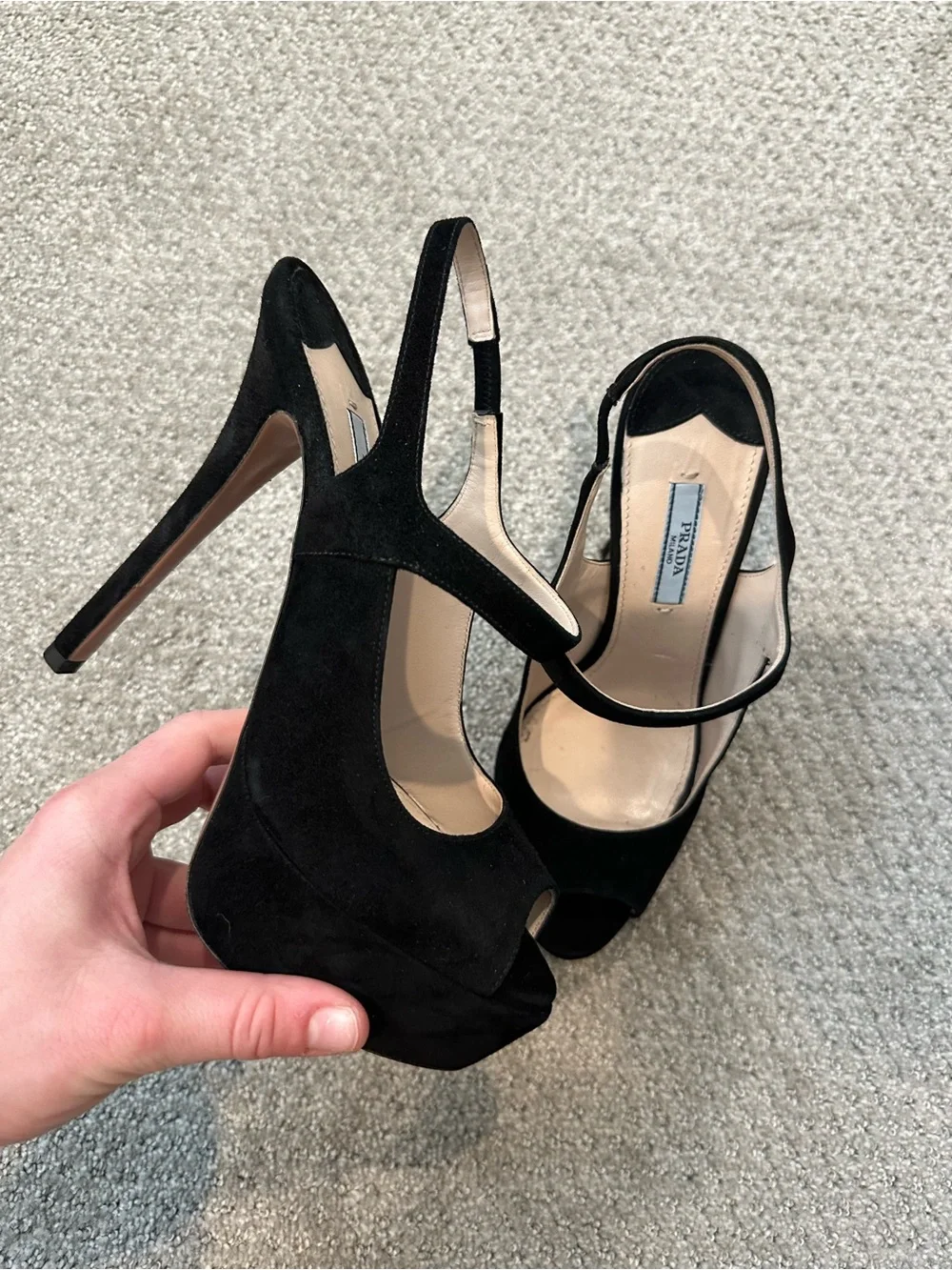 Prada Black Suede Platform Peep-Toe Slingbacks - Picture 5 of 7